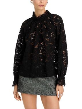 Aqua Black Lace Long-Sleeve Mock Neck Blouse. Size S